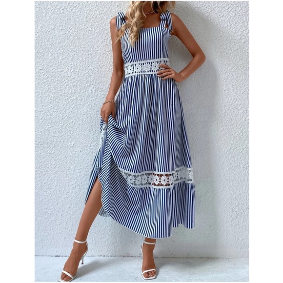 Boho Stripes Floral Lace Inserts Tie Maxi Dress - Picture 11 of 12